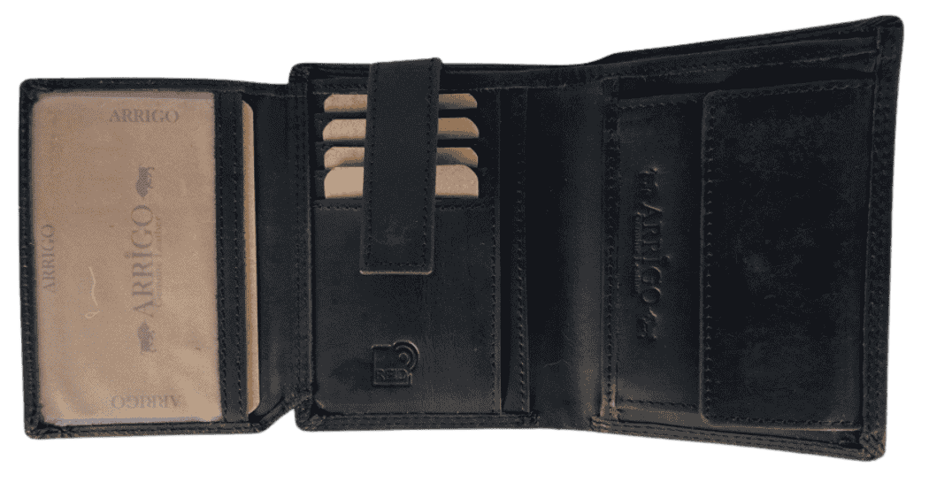 Interior view of Arrigo RFID-blocking black leather buffalo wallet showing ID window, card slots, and bill compartment.