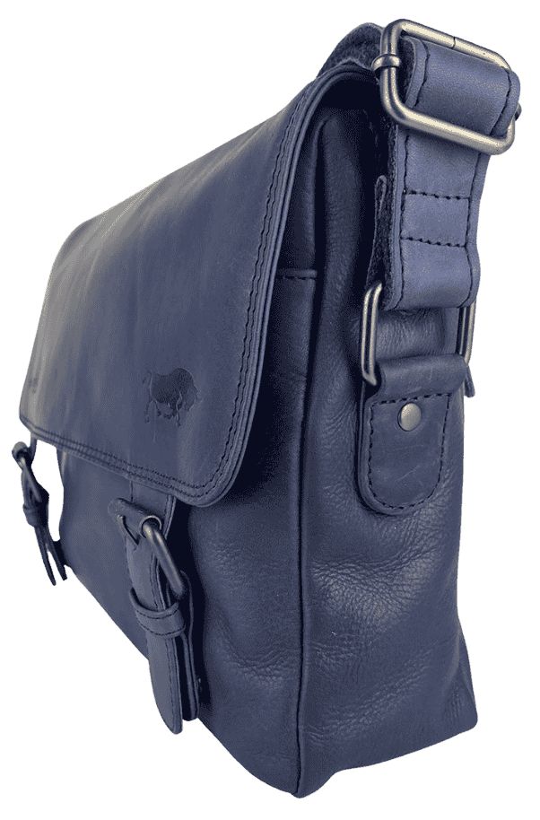 Side view of legacy navy leather messenger bag showing structured body and adjustable shoulder strap.