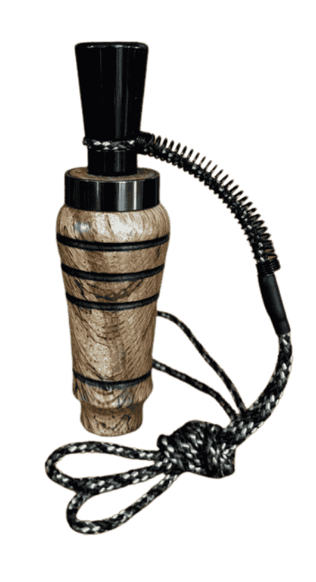 Spalted oak hand-turned single reed duck call by J. Baker Louisiana showing pale oak barrel with dramatic black spalting lines and black acrylic insert.