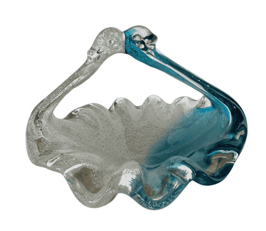 Close-up of aventurine flecks and aqua sommerso glass in Murano-style swan art glass bowl.