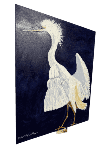 Original acrylic painting by South Louisiana artist Beverly LaFleur showing a white egret with wings raised against a deep blue background.