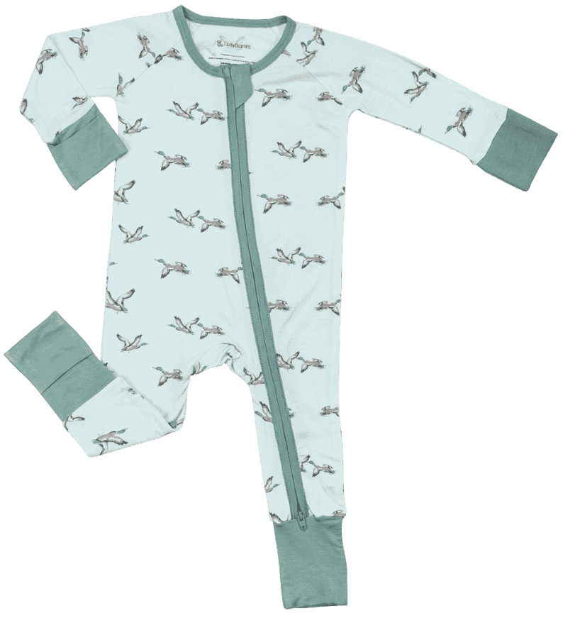 LollyBanks Quackin’ Up bamboo baby zipper romper with duck print and soft breathable bamboo baby pajamas.