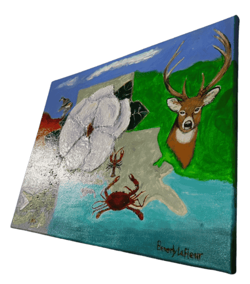 Original acrylic painting by South Louisiana artist Beverly LaFleur showing a magnolia flower with Louisiana wildlife including a deer, alligator, crab, crawfish, and bird around the state outline.