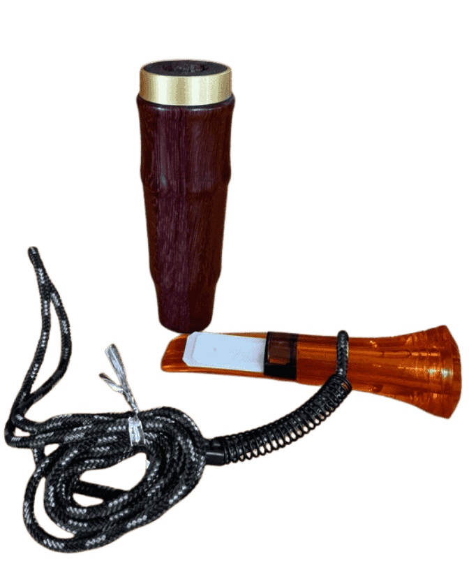 Assembled Padauk and Purpleheart hardwood duck call with amber acrylic mouthpiece and braided lanyard handcrafted in Louisiana.