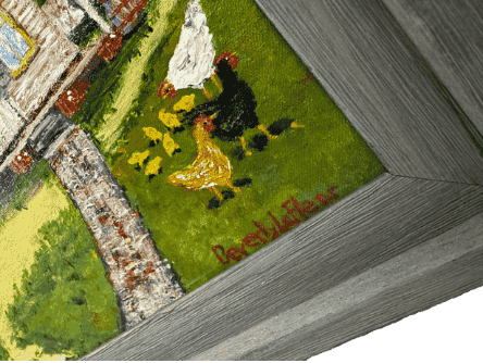 Original acrylic painting by South Louisiana artist Beverly LaFleur showing an Acadian house beneath a large oak tree with a woman, chickens, and rural yard scene.