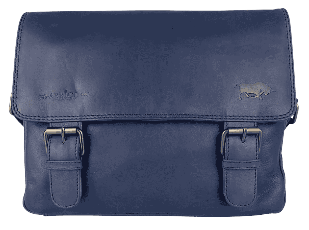 Close-up of Arrigo legacy navy leather messenger bag front flap with buckle straps and natural leather texture.