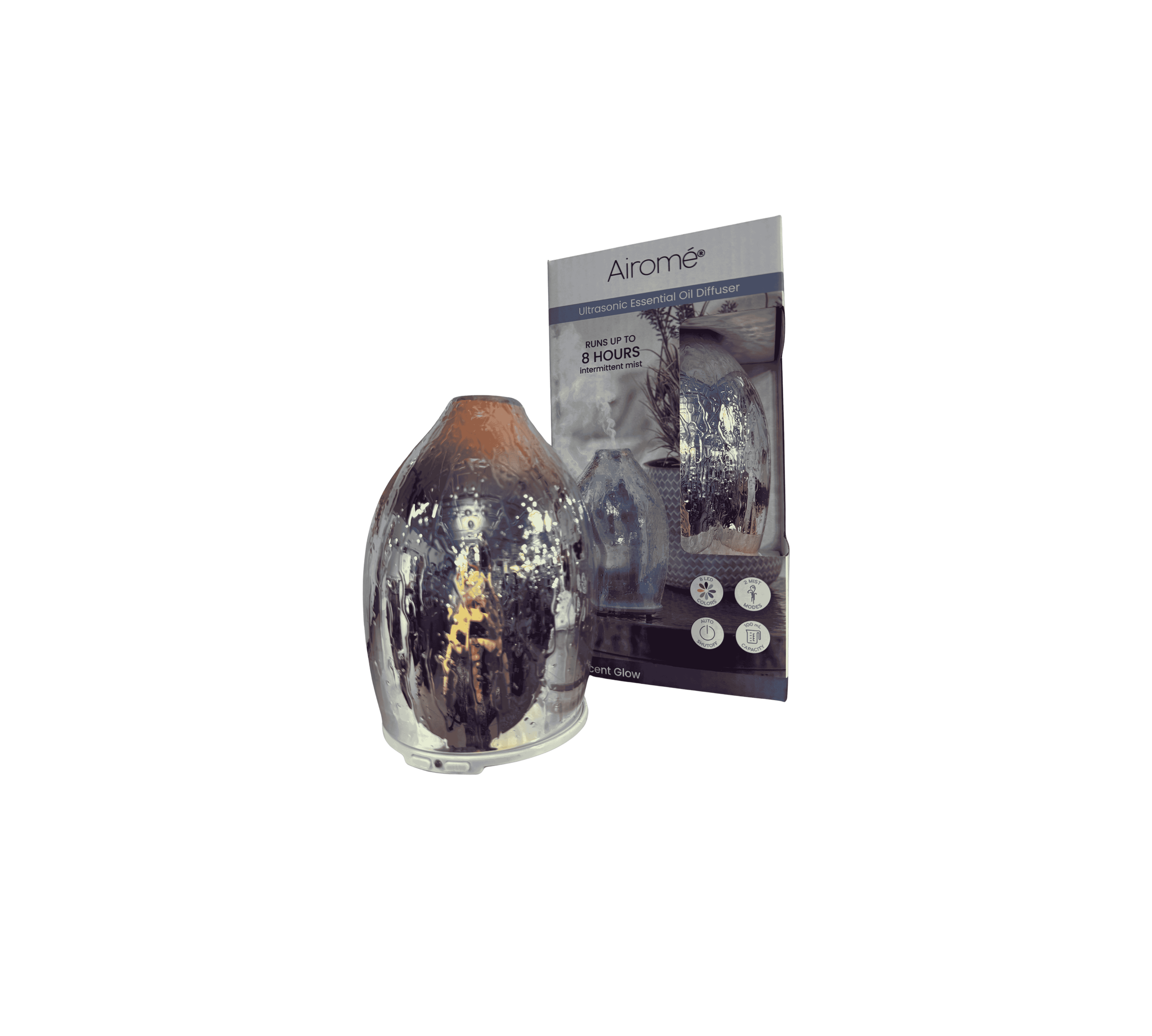 Ultrasonic essential oil diffuser by Airome, mercury glass diffuser with reflective finish and box packaging, front view