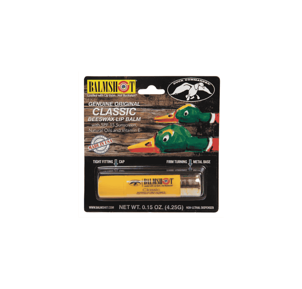 balmshot duck commander lip balm in shotgun shell tube packaging with duck graphic and spf 15 label