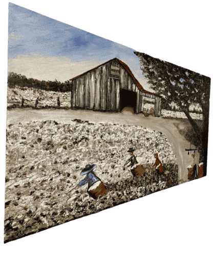 Original acrylic painting by South Louisiana artist Beverly LaFleur showing children harvesting cotton in a field near a barn and oak tree in a rural farm landscape.