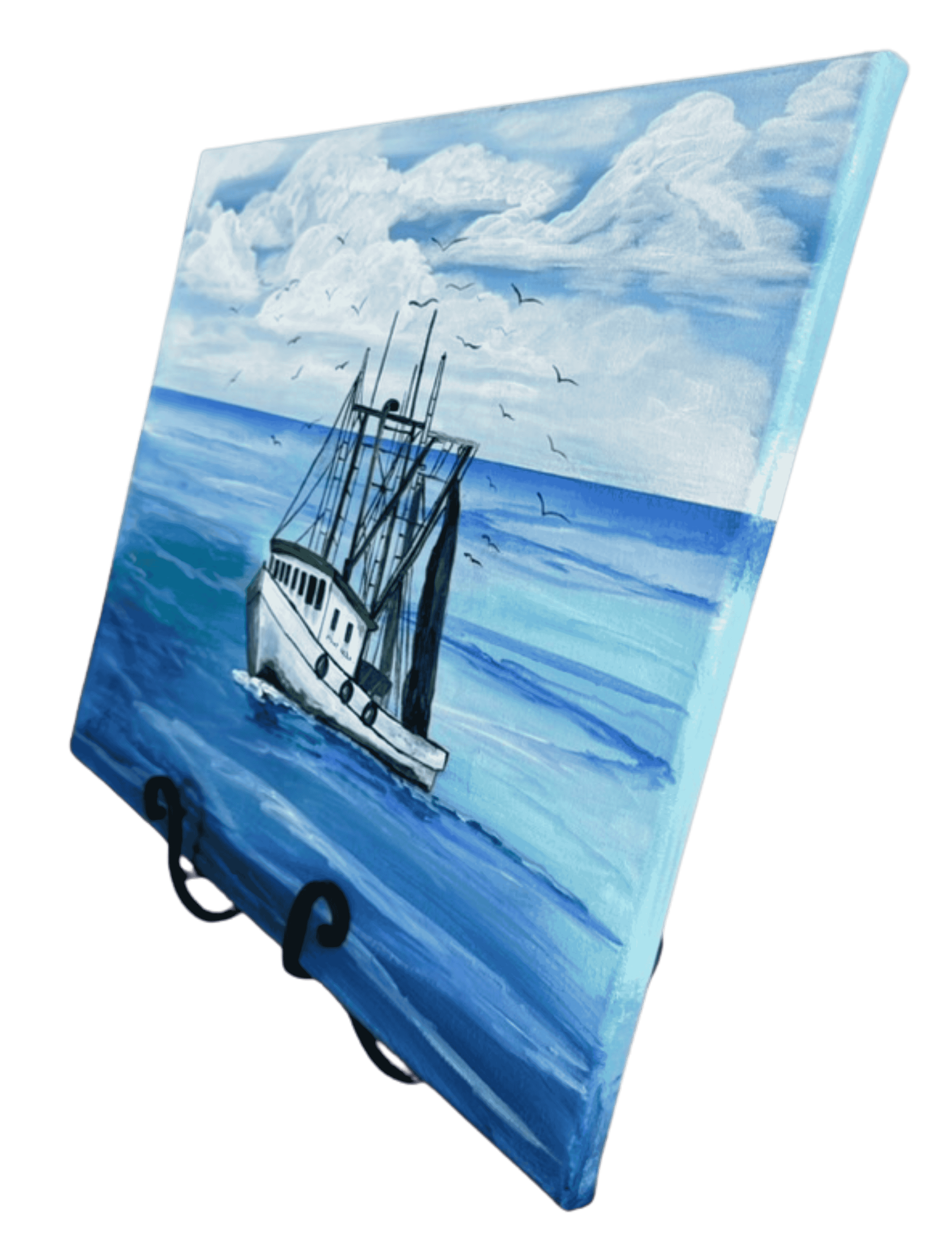 Shrimp boat at sea original artwork by R. Gates featuring Louisiana fishing vessel beneath dramatic clouds.