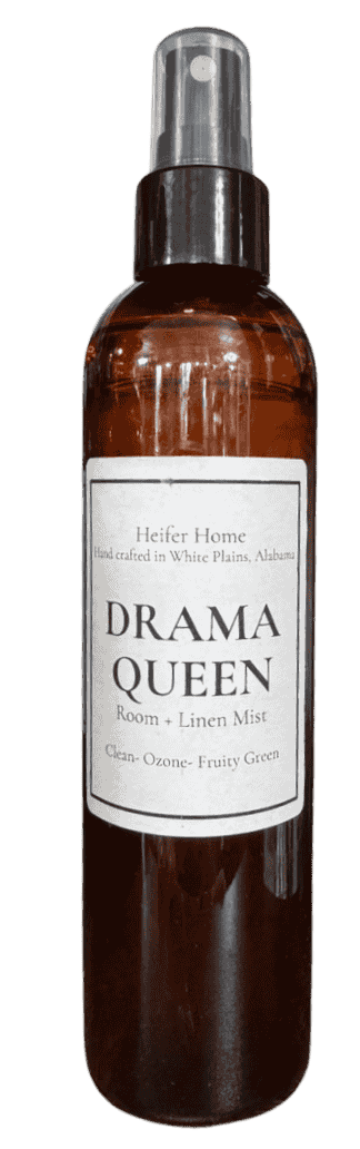 Heifer Home Drama Queen room and linen mist spray in amber bottle.