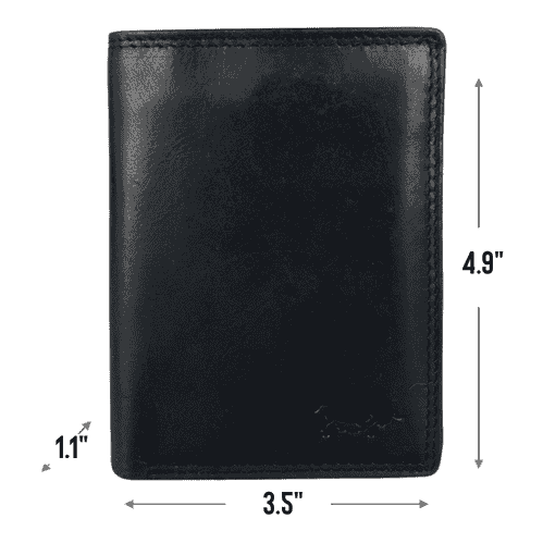 Arrigo RFID-blocking black leather buffalo wallet measurement diagram showing height, width, and thickness dimensions.