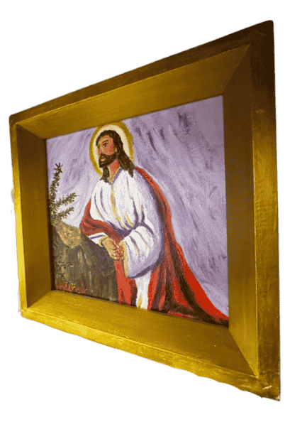 Original acrylic painting by South Louisiana artist Beverly LaFleur showing a portrait of Jesus with halo and red robe against a soft purple background.