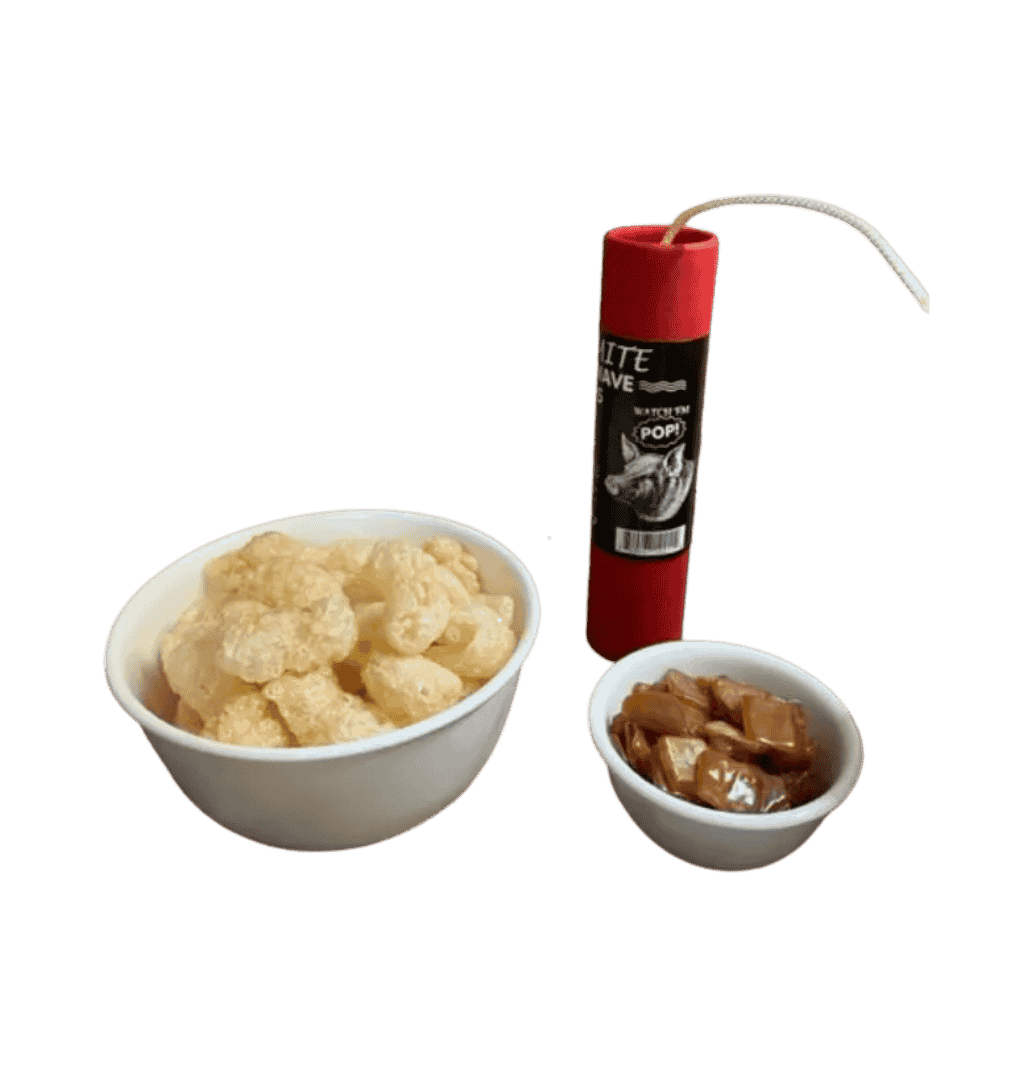 dynamite porky poppers served in bowls with crispy pork rinds and dipping sauce, fun southern snack presentation with novelty packaging