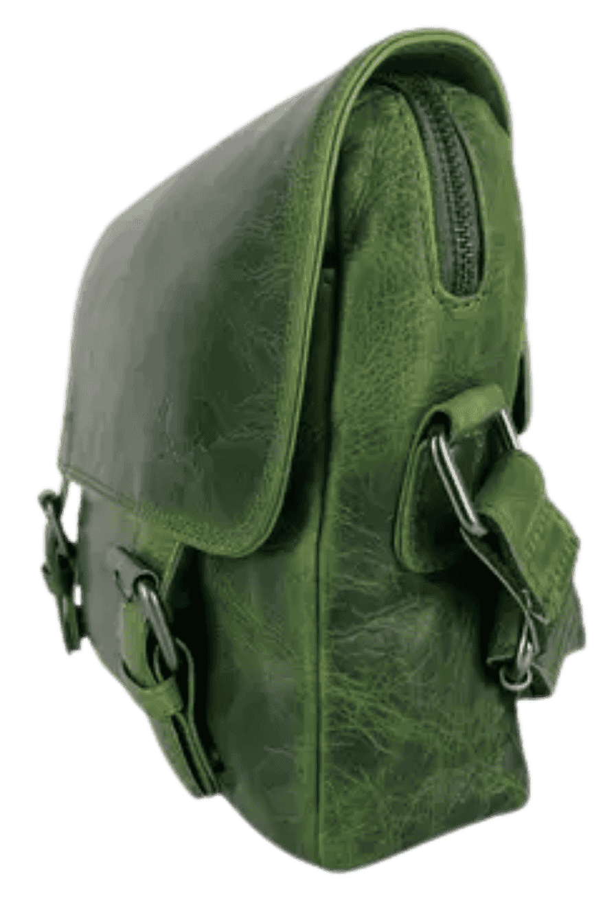 Side view of green leather messenger bag showing structured body and adjustable shoulder strap.