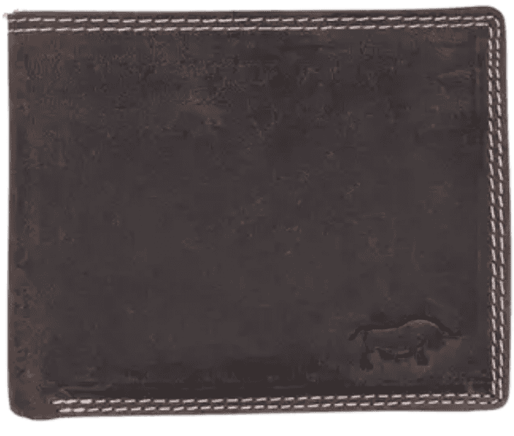 Front view of dark brown Arrigo leather bifold wallet with stitched edges and embossed logo.