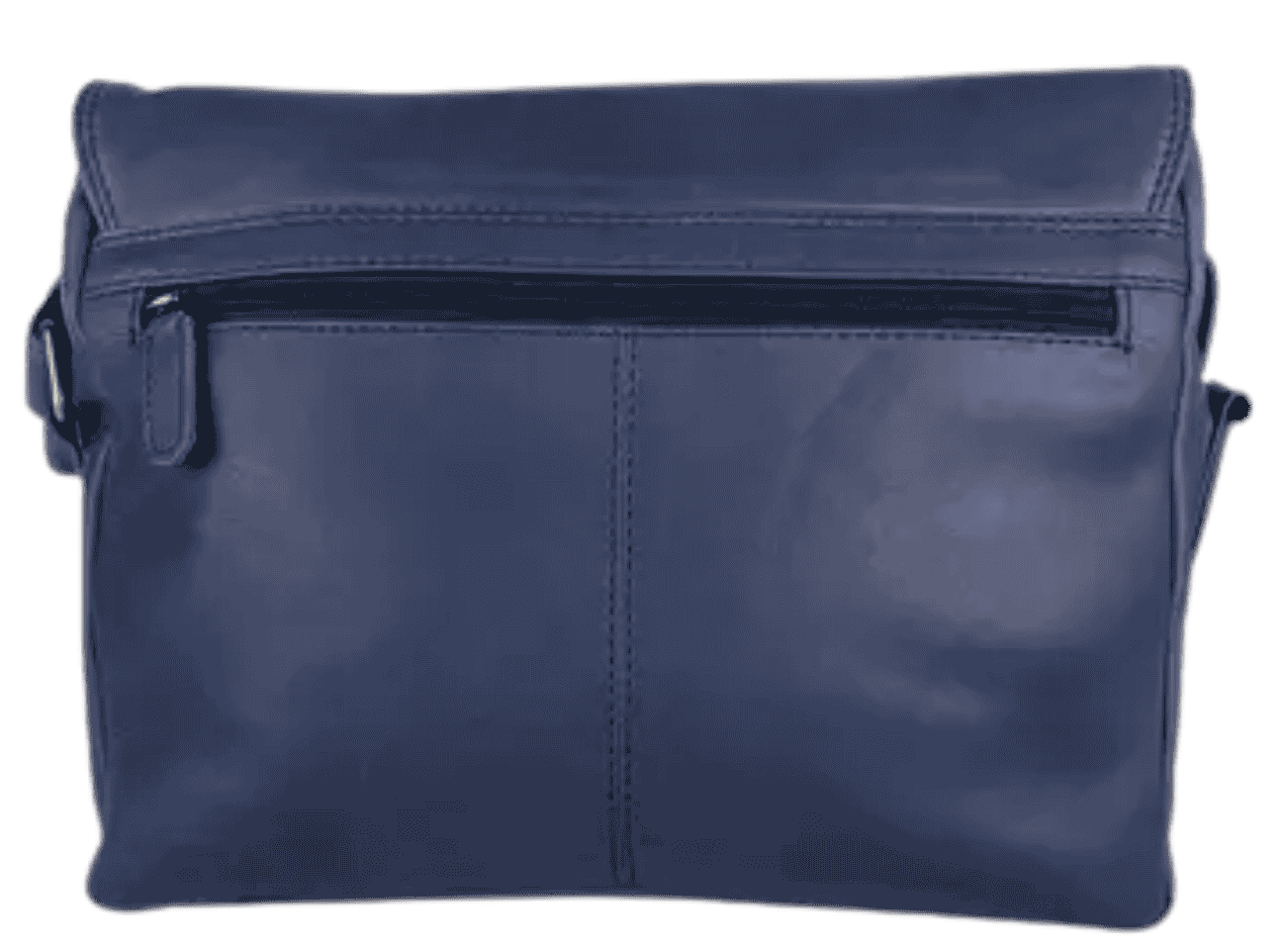 Back view of Arrigo legacy navy leather messenger bag with exterior zipper pocket.