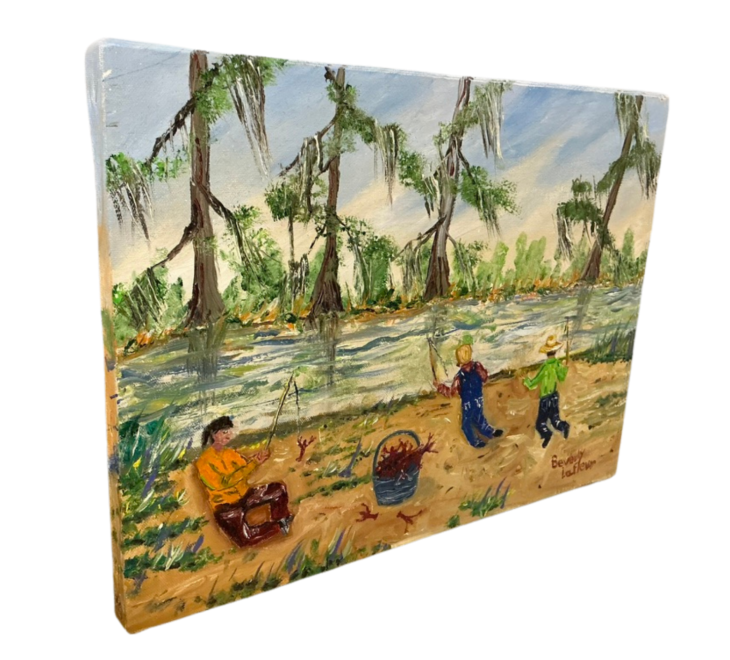 Side view of Beverly LaFleur original acrylic painting showing children crawfishing beside a Louisiana bayou.