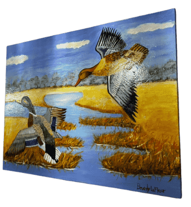 Original acrylic painting by South Louisiana artist Beverly LaFleur showing two mallard ducks flying over a marsh with water channels and golden grasses.