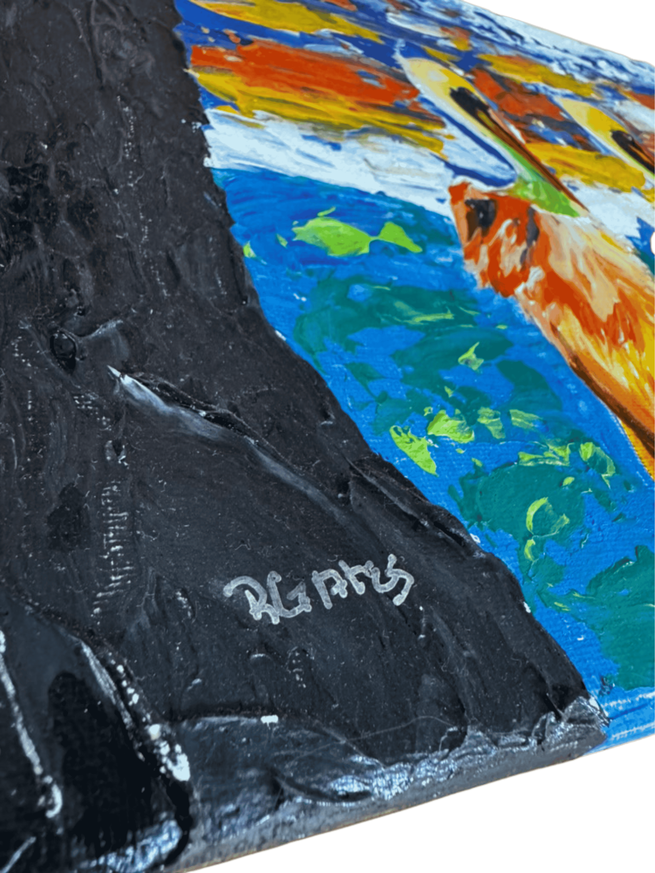 Close-up of artist signature on original pelican painting by R. Gates.