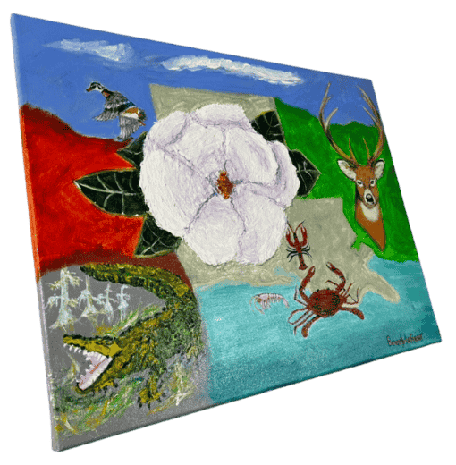 Original acrylic painting by South Louisiana artist Beverly LaFleur showing a magnolia flower with Louisiana wildlife including a deer, alligator, crab, crawfish, and bird around the state outline.
