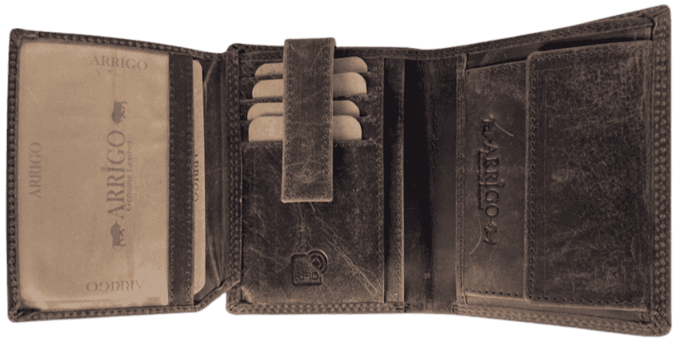 Interior view of Arrigo RFID-blocking dark brown buffalo leather wallet showing card slots, ID window, and bill compartments.