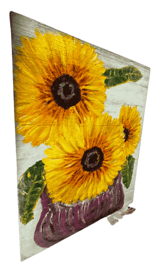 Original acrylic painting by South Louisiana artist Beverly LaFleur showing bright yellow sunflowers in a vase painted on reclaimed wood boards.