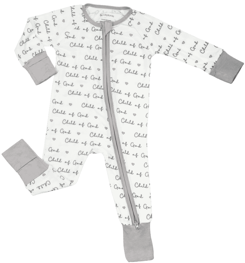 LollyBanks Child of God bamboo baby zipper romper with faith inspired script print and breathable bamboo fabric.