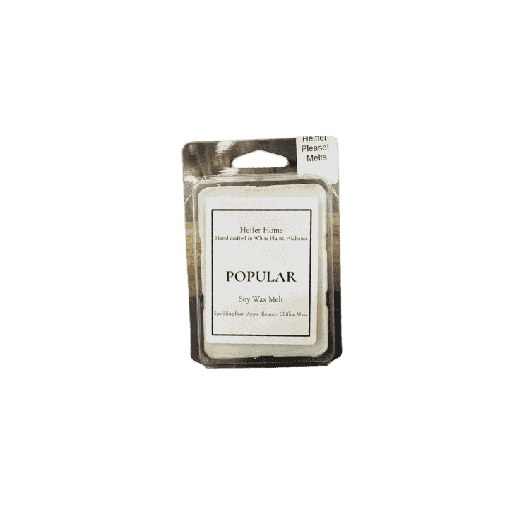 Popular — Heifer Home Popular soy wax melts with sparkling pear apple blossom chiffon musk fragrance.