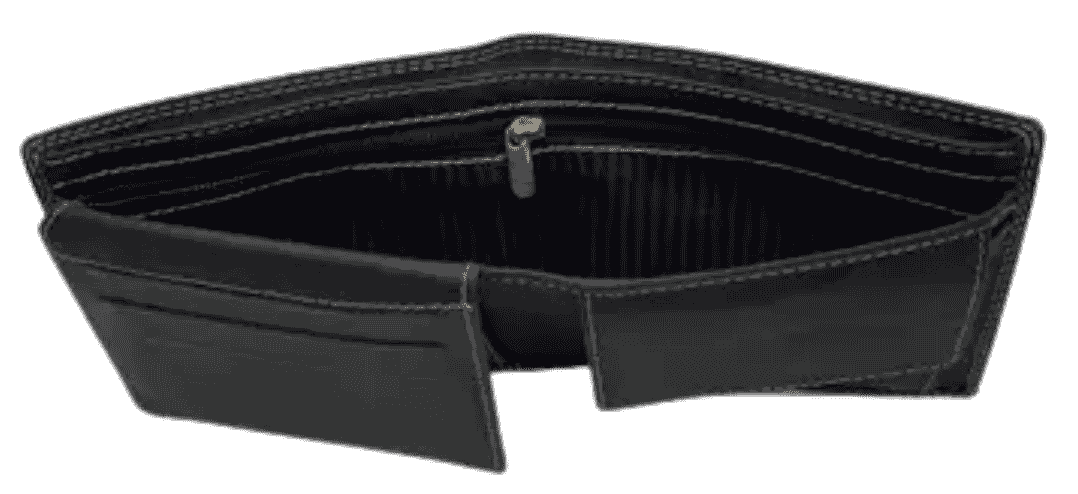Close-up of black Arrigo leather bifold wallet zipper pocket and interior lining.