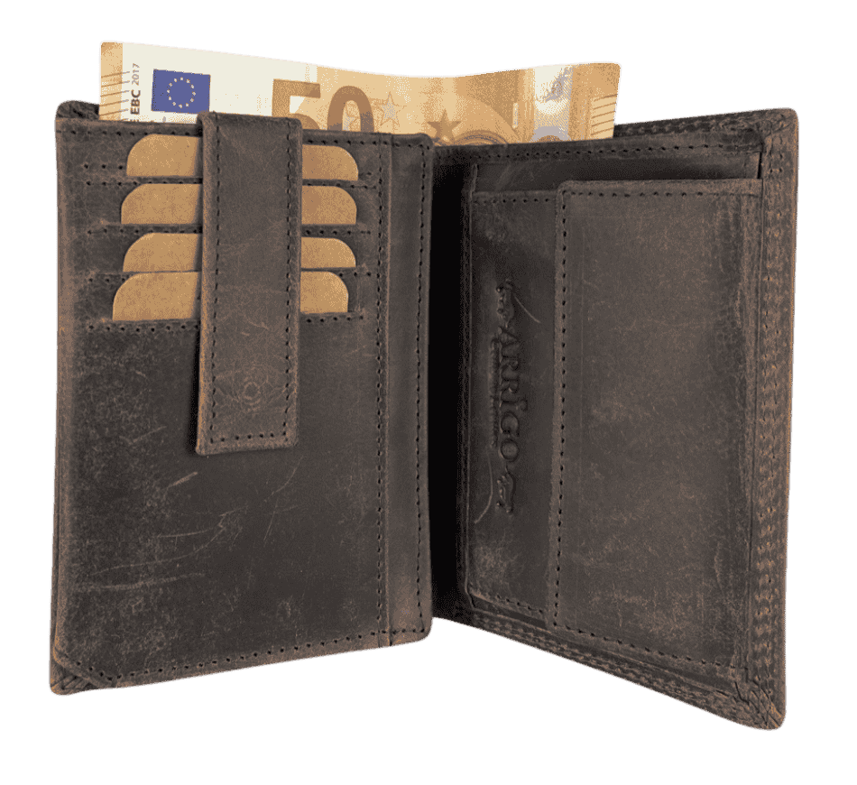 Interior view of Arrigo RFID-blocking dark brown buffalo leather wallet showing ID window, card slots, and bill compartment.