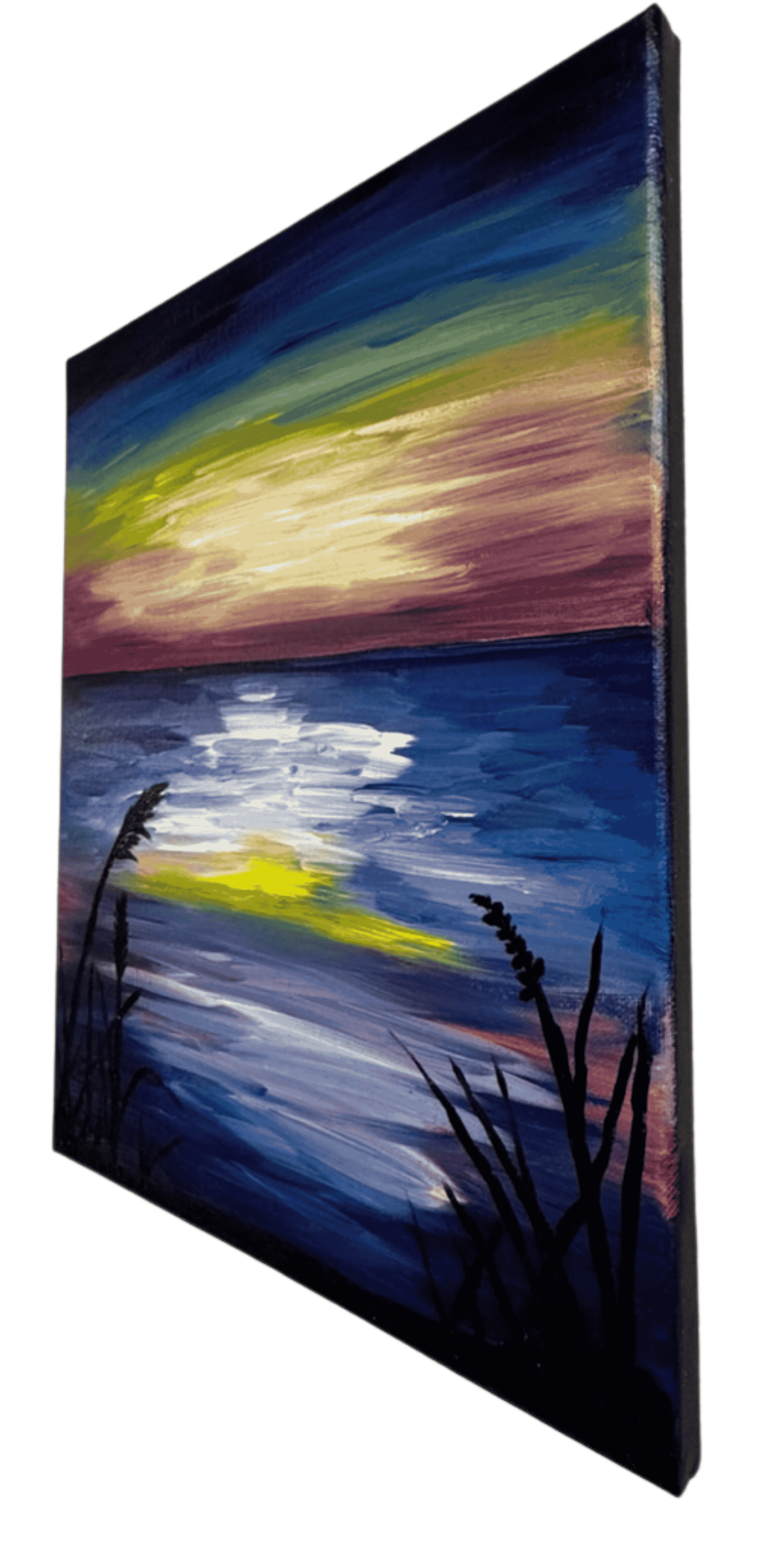 Angled view of coastal sunset painting by P. Jacobi with glowing horizon and marsh grass silhouettes along the shoreline.