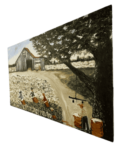 Original acrylic painting by South Louisiana artist Beverly LaFleur showing children harvesting cotton in a field near a barn and oak tree in a rural farm landscape.