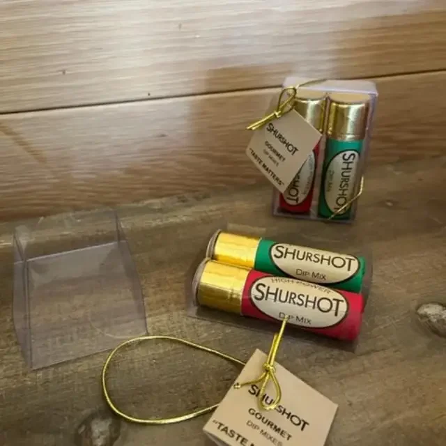 shur shot dip mix 2 pack in clear shotgun shell style gift box with two labeled tubes and gold caps tied with tag
