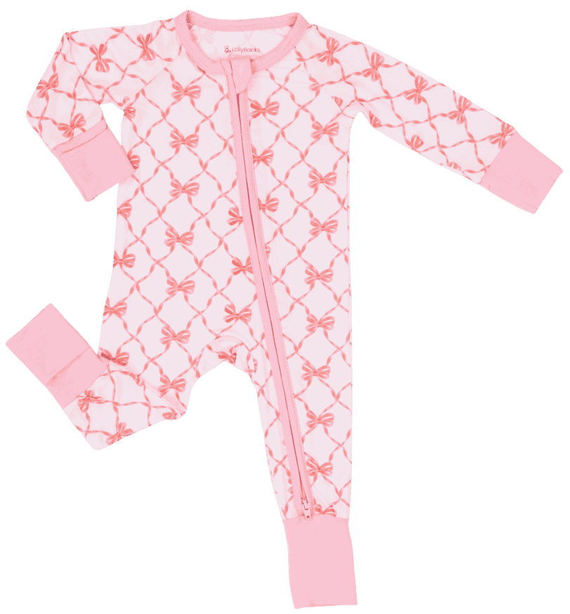 LollyBanks Beautiful Bows bamboo baby zipper romper with pink bow print and soft bamboo viscose fabric.