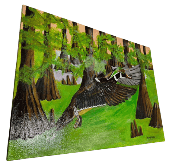 Original acrylic painting by South Louisiana artist Beverly LaFleur showing a mallard duck flying through a cypress swamp with green water and cypress trees.