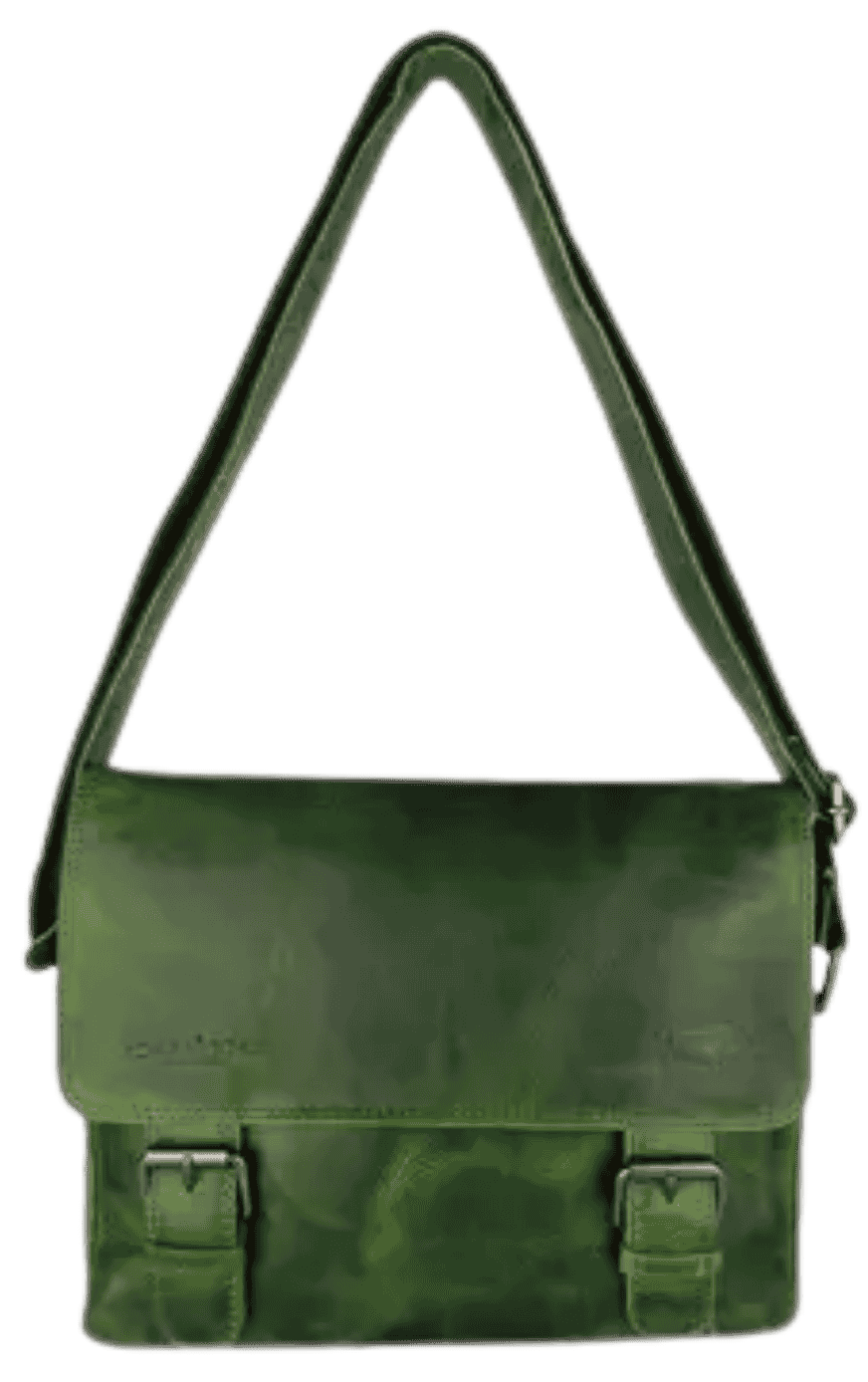 Close-up of adjustable shoulder strap and hardware on green leather messenger bag.