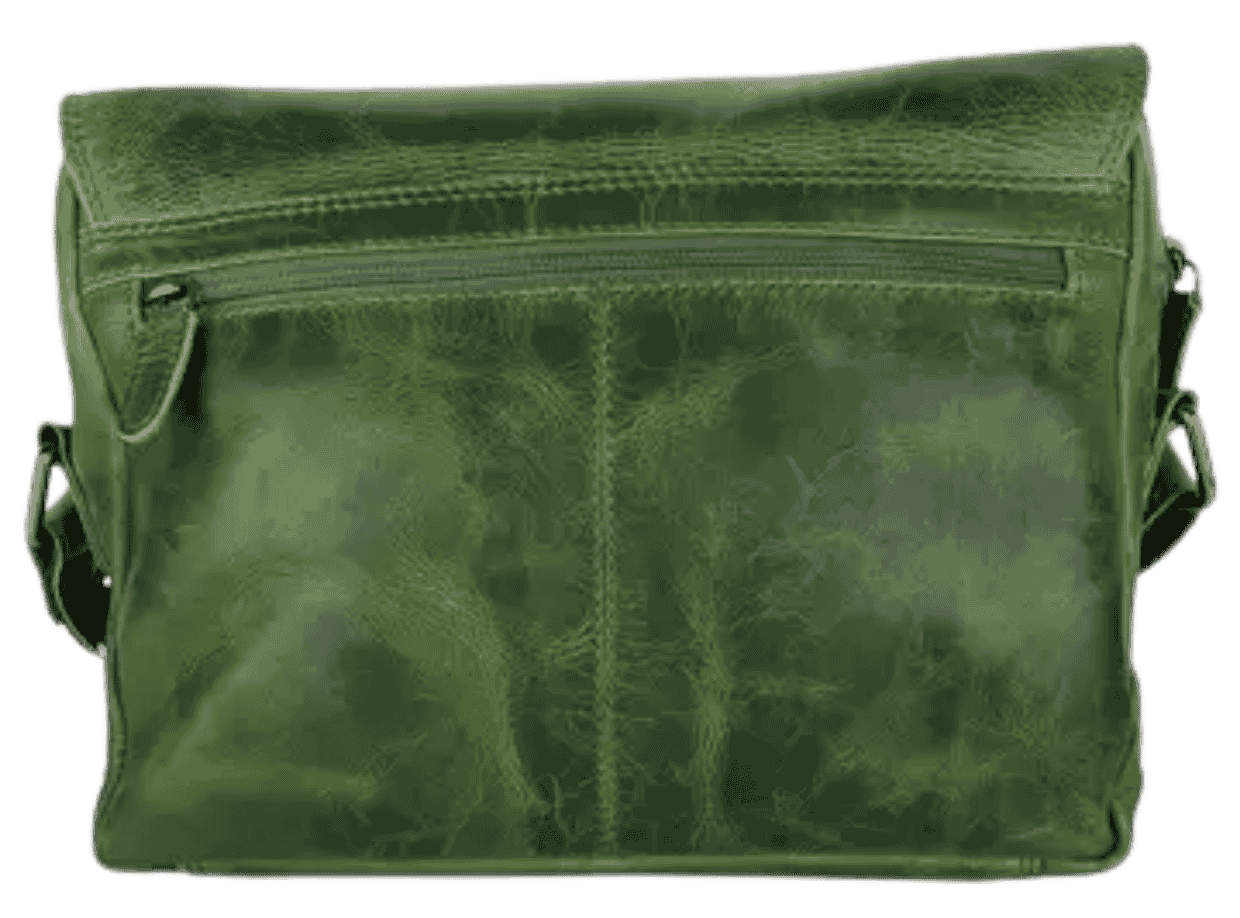 Back view of Arrigo green leather messenger bag with exterior zipper pocket.