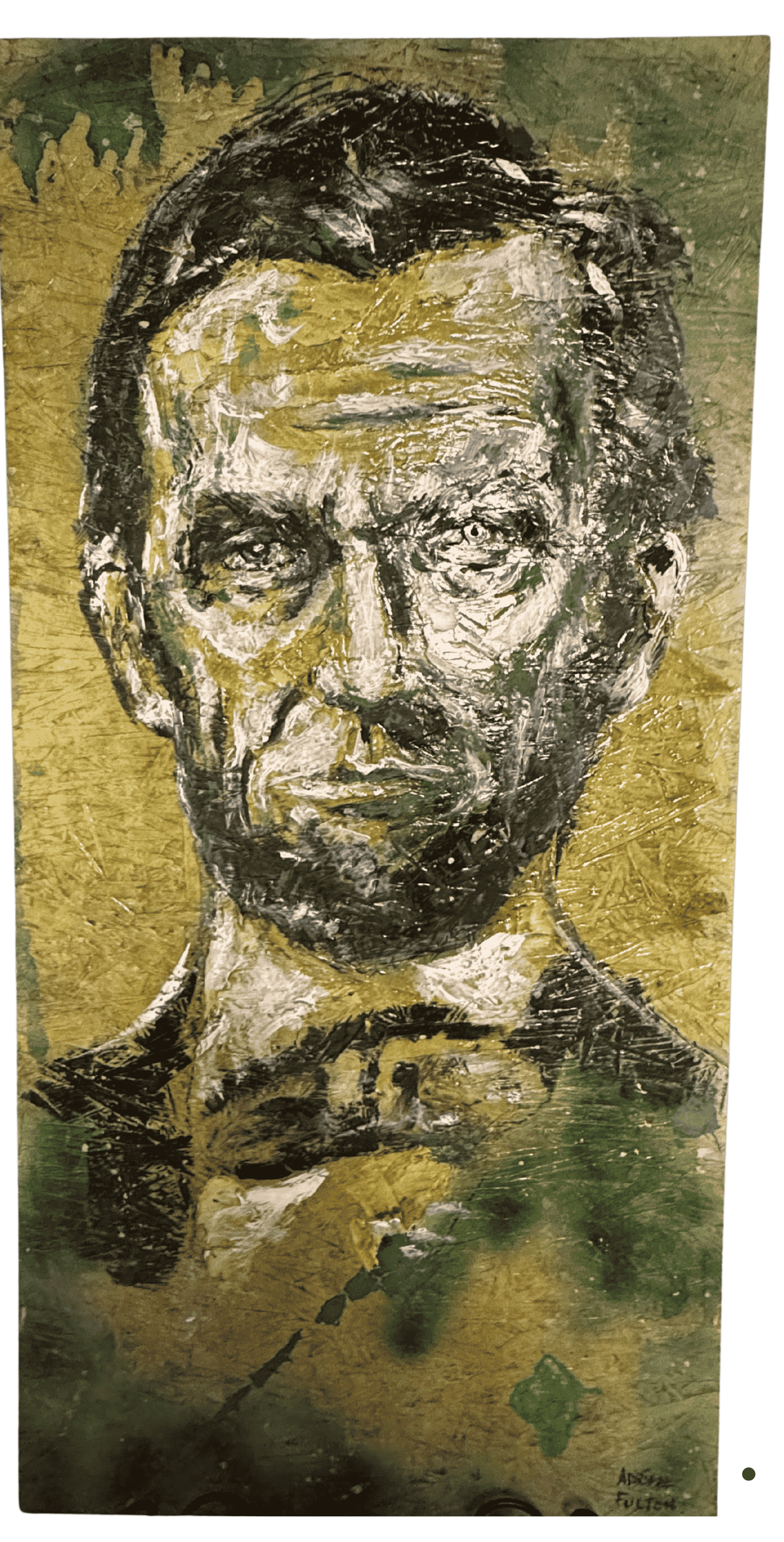 Original Abraham Lincoln portrait by Adrian Fulton featuring textured mixed media artwork on wood panel with layered olive green, gold, black, and ivory tones.