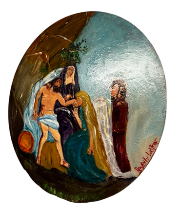 Original acrylic painting by South Louisiana artist Beverly LaFleur showing the baptism of Jesus with figures gathered beside flowing water on a round wooden plaque.