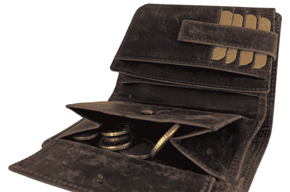 Arrigo dark brown buffalo leather wallet interior showing snap coin pocket and card slots.
