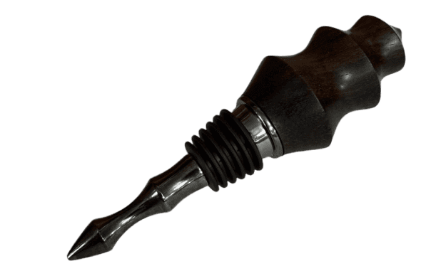 Hand-turned East Indian rosewood bottle stopper with stainless steel base by J. Baker Louisiana.