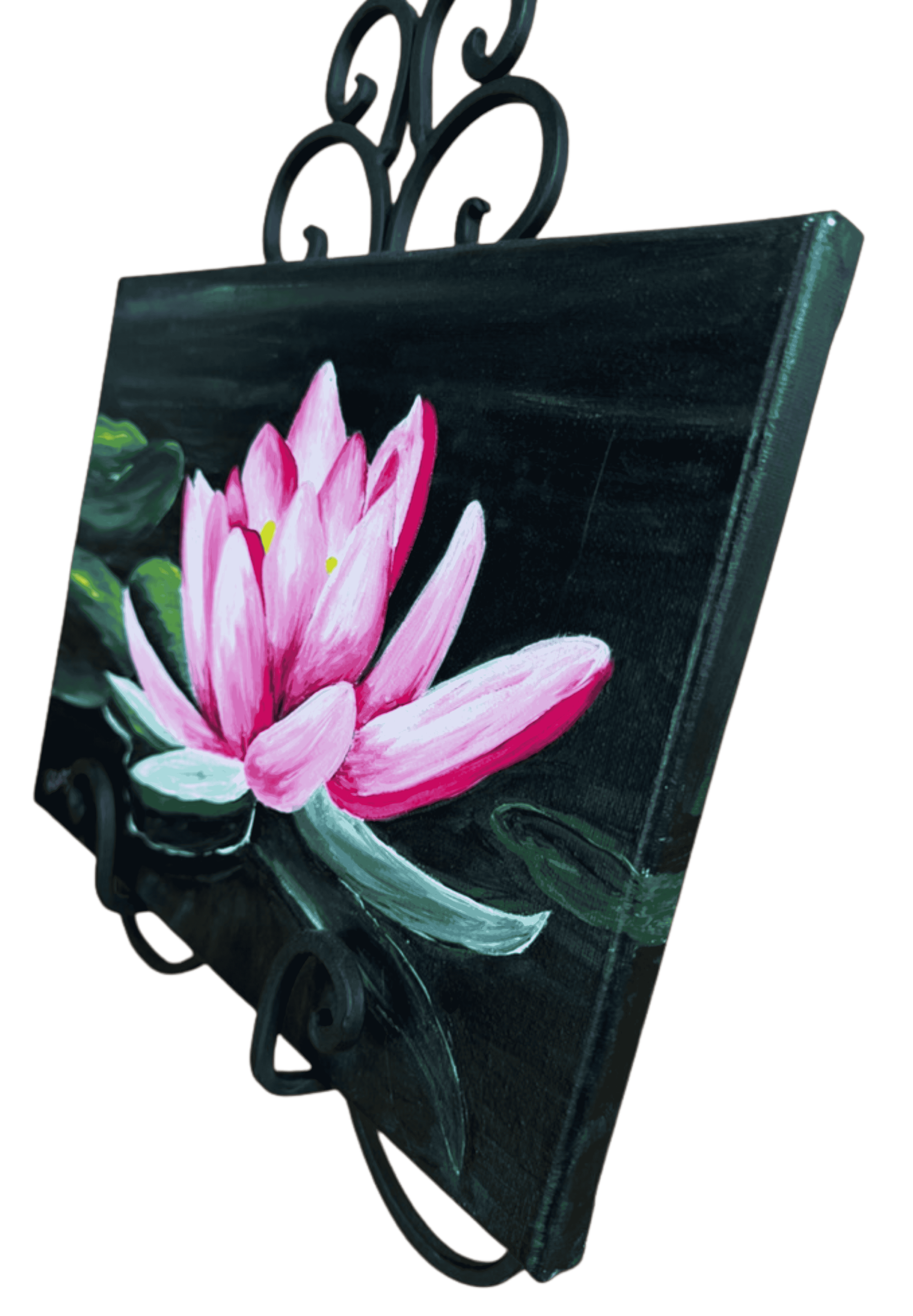 Side view of lotus flower artwork featuring vivid pink blooms, deep green foliage, and serene water-inspired composition.
