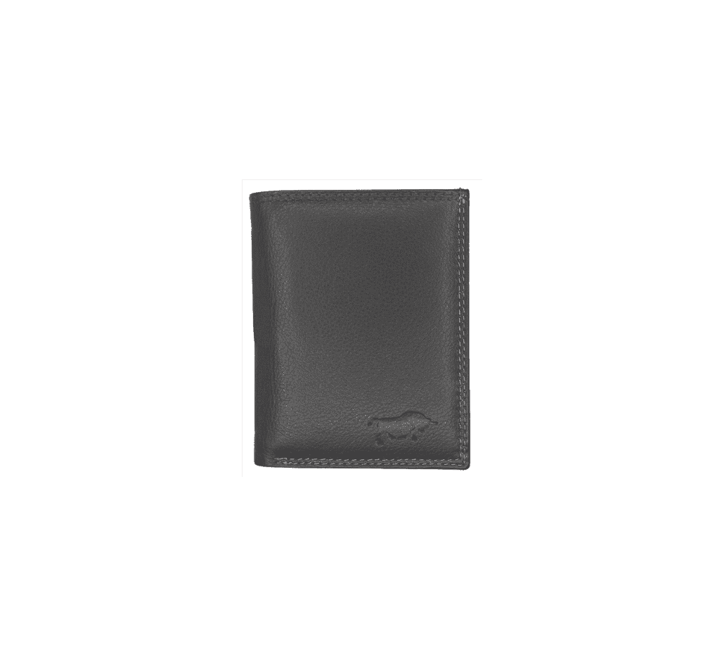 Textured grey leather card holder by Arrigo, slim wallet for credit cards with pebbled leather finish, front view