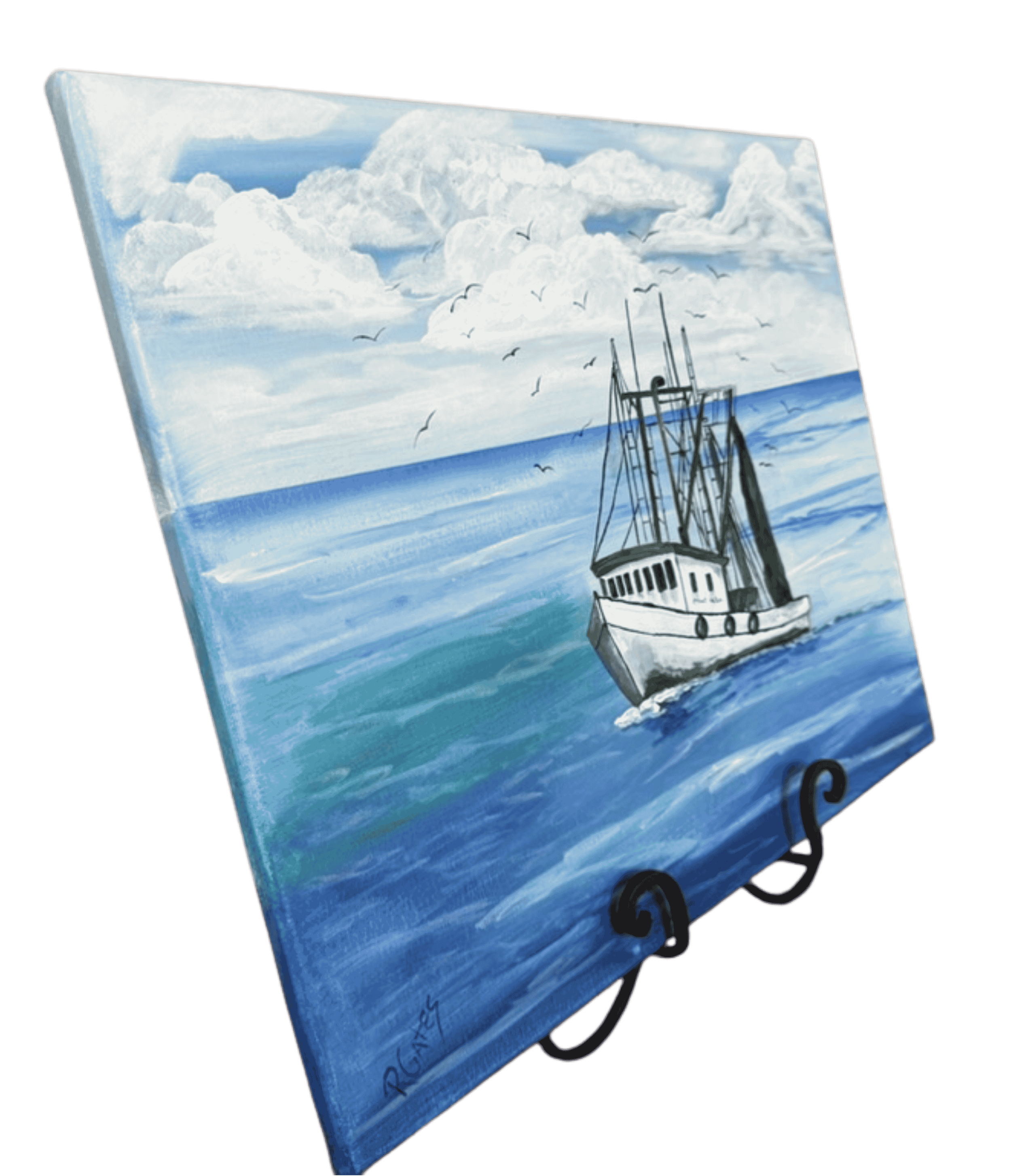 Angled view of shrimp boat at sea painting by R. Gates showing Louisiana fishing vessel on blue ocean.