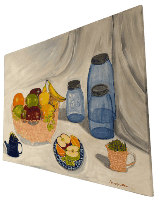 Original acrylic painting by South Louisiana artist Beverly LaFleur showing a fruit still life with apples, bananas, grapes, blue mason jars, and small kitchen items on a table.
