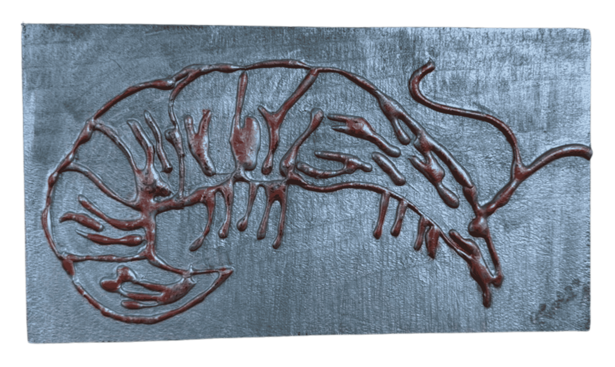 Original raised crawfish outline artwork by R. Gates featuring dimensional burgundy texture on a weathered metallic silver background.