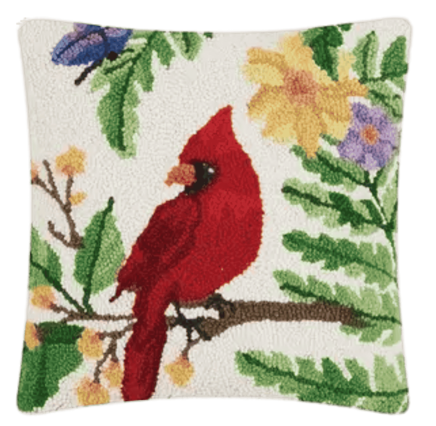 Hooked wool throw pillow featuring a red cardinal on a branch with flowers and butterfly by Peking Handicrafts.