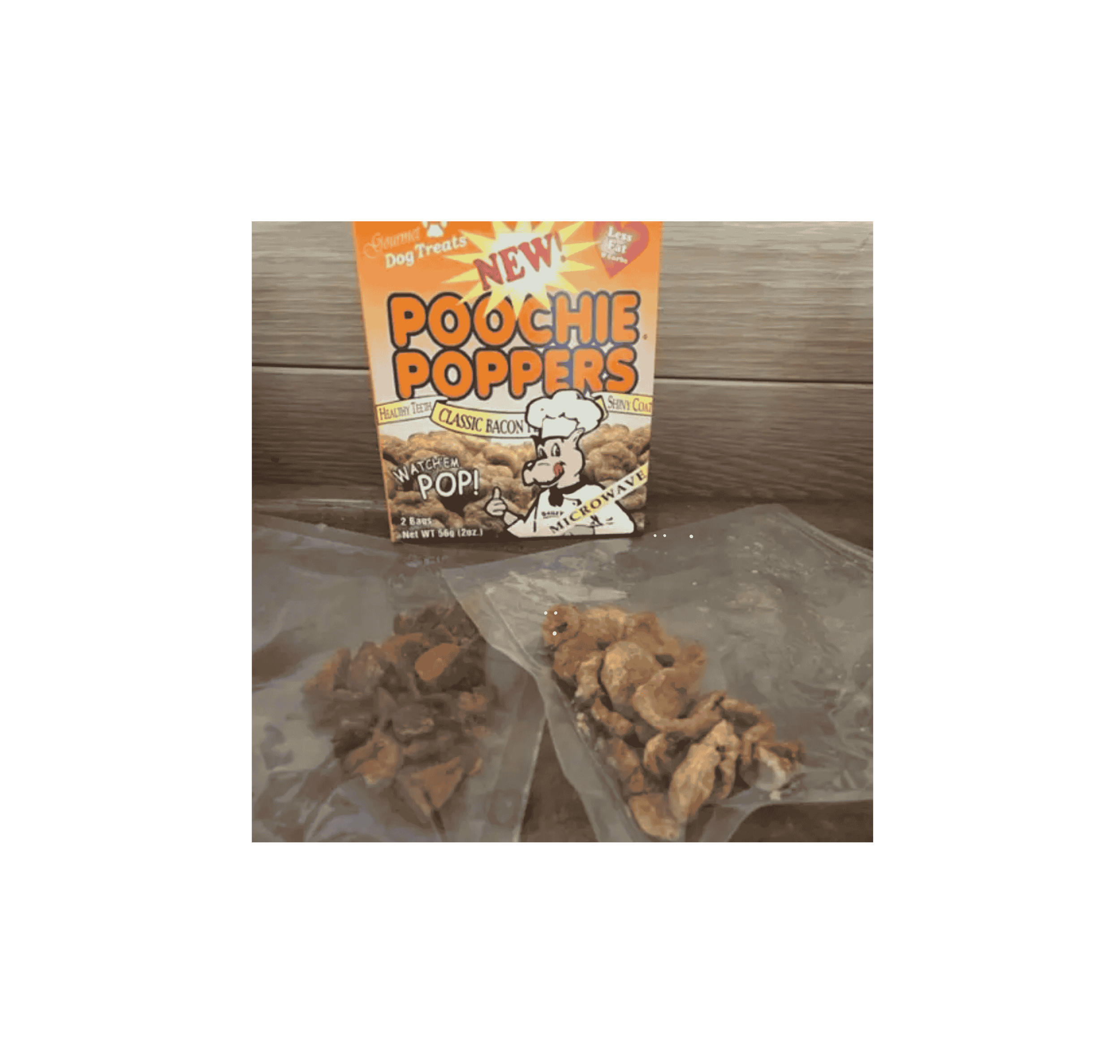 poochie poppers unpopped dog treat bags showing pork cracklings ready for microwave