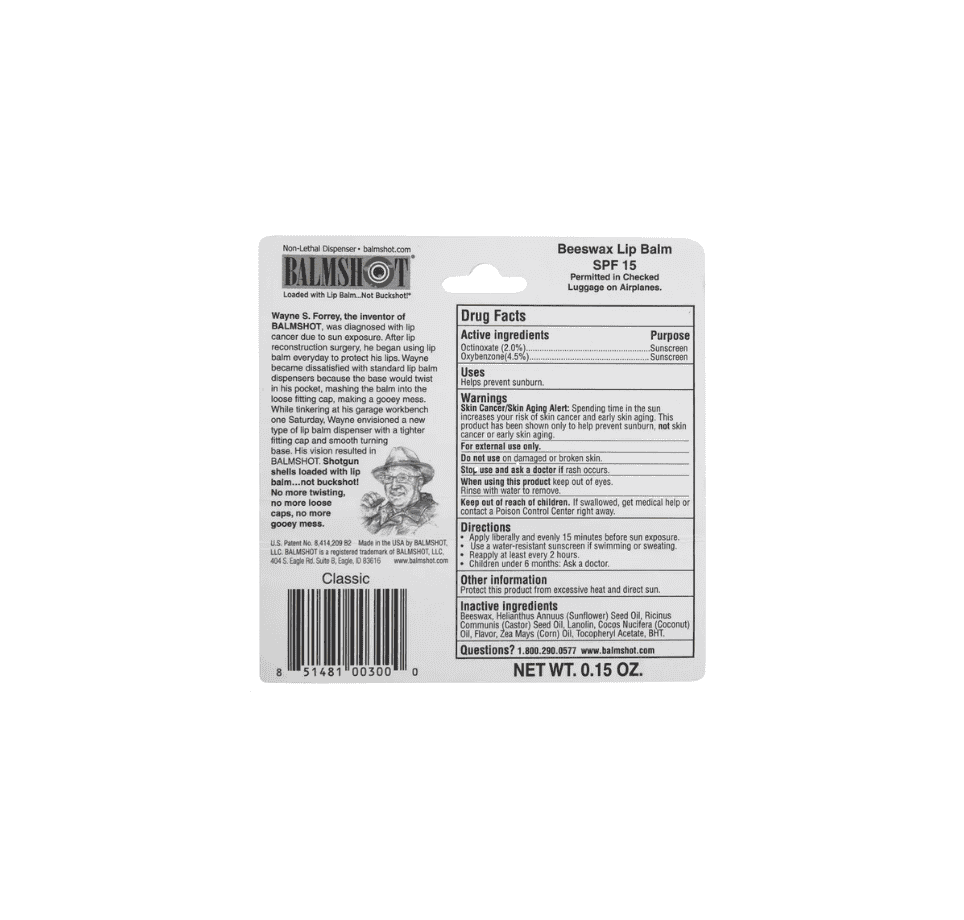 balmshot lip balm back packaging showing ingredients, spf 15 details, and product information label